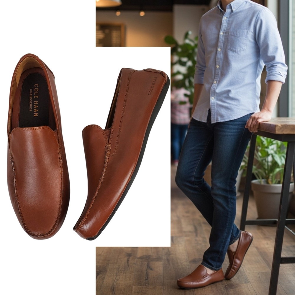 New Cole Haan grand city venetian driver loafers tan leather preppy academia